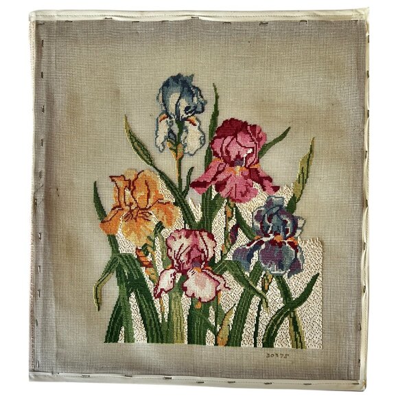 Hand-Stitched Needlepoint Iris Floral Canvas Art Unfinished w/ Materials & Bars - Picture 14 of 16